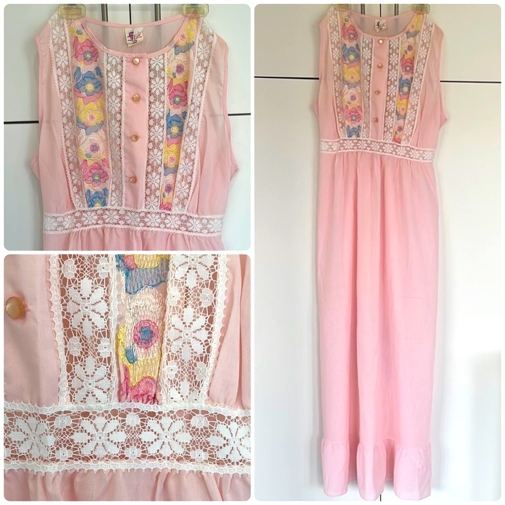 Vintage Lov Lee Pink Lace Embroidery Nightgown Montreal Canada L - Picture 4 of 16